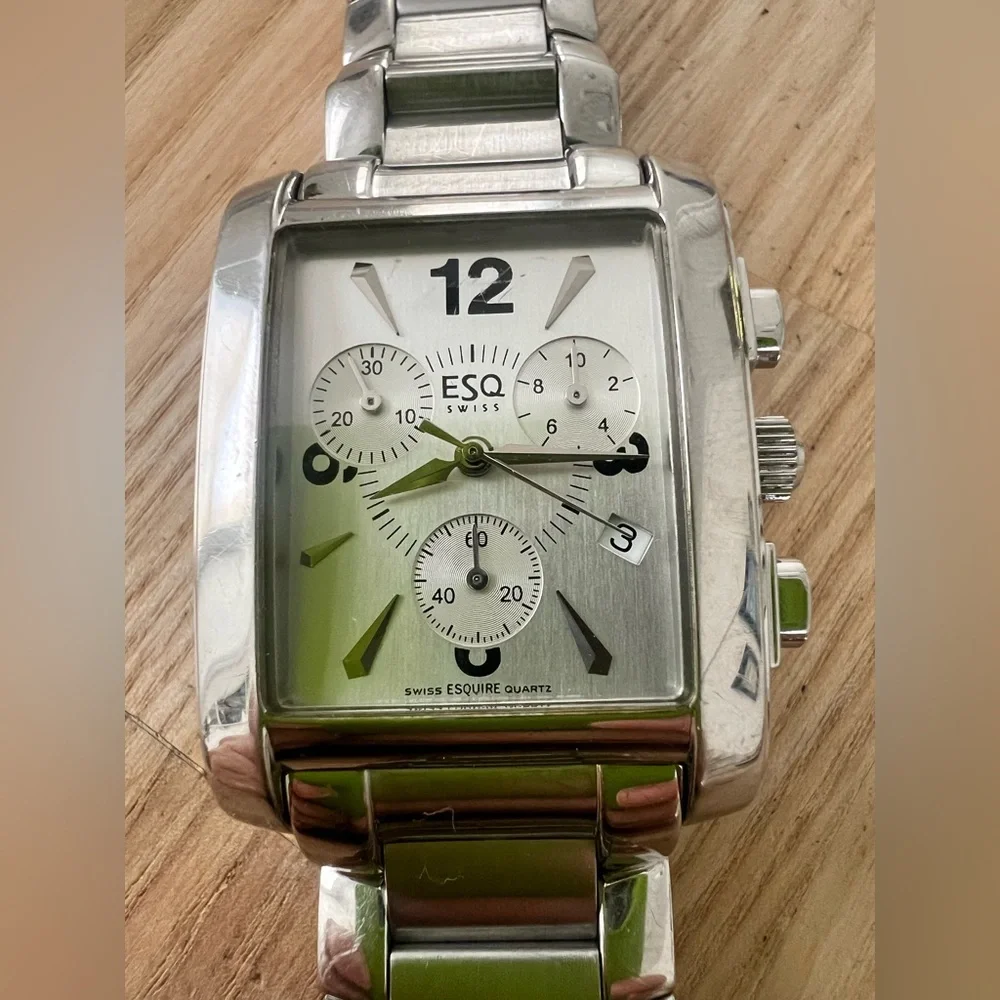 ESQ by Movado mens rectangular stainless steel chronograph watch NEW BATTERY